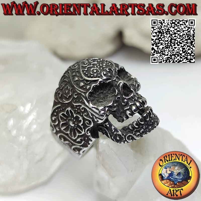 Chirurgenstahlring (316L), mexikanischer "calanca"-Totenkopf mit geprägtem Blumendekor