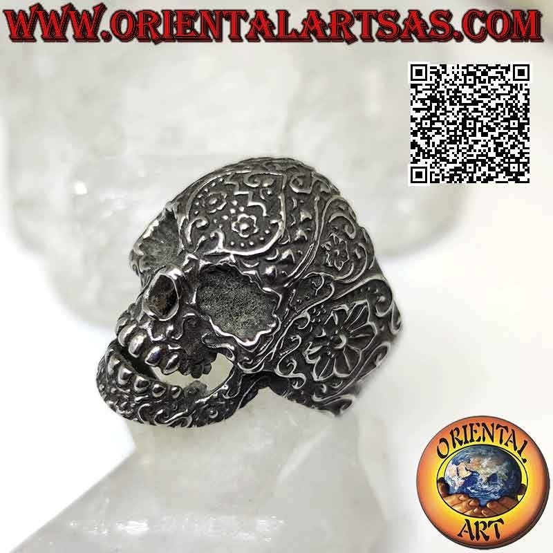 Bague en acier chirurgical (316L), tête de mort "calanca" mexicaine avec décor floral en relief