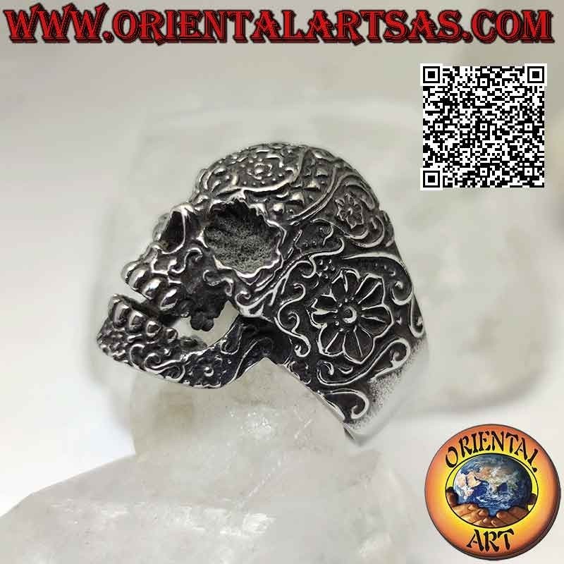 Chirurgenstahlring (316L), mexikanischer "calanca"-Totenkopf mit geprägtem Blumendekor