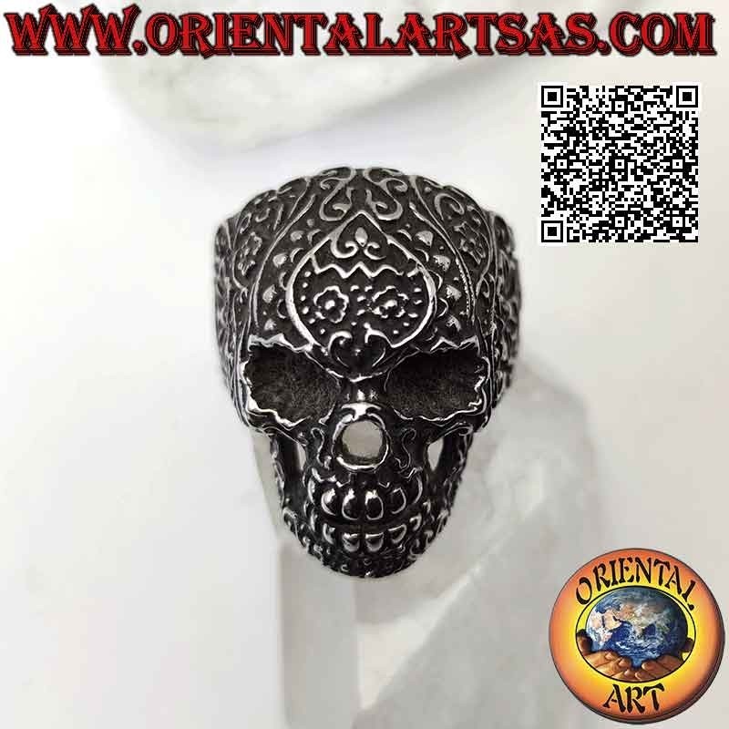 Bague en acier chirurgical (316L), tête de mort "calanca" mexicaine avec décor floral en relief