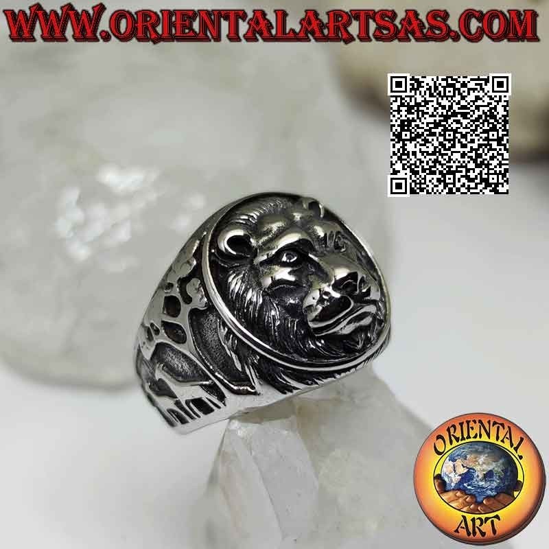 Bague en acier chirurgical (316L), tête de lion en relief (roi de la forêt) et sujet animaux sur les côtés