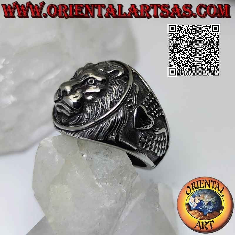 Anillo de acero quirúrgico (316L), cabeza de león (rey del bosque) en relieve y animales sujetos en los laterales