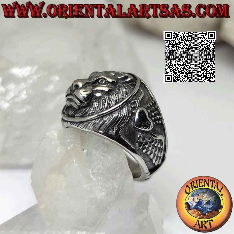 Anillo de acero quirúrgico (316L), cabeza de león (rey del bosque) en relieve y animales sujetos en los laterales