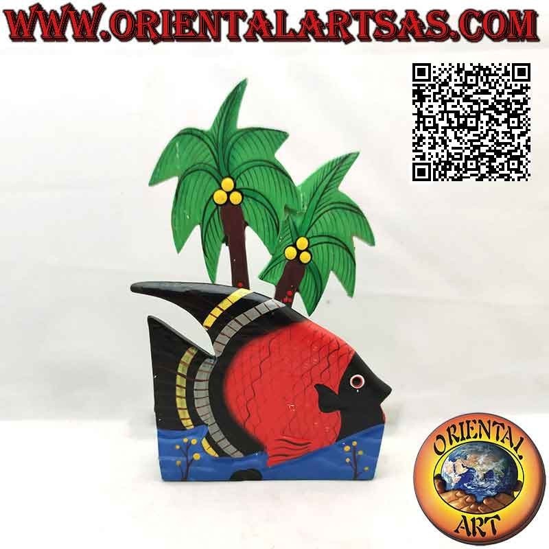 Briefhalter / Serviettenhalter im hawaiianischen Stil mit Fisch aus Balsaholz (schwarz, rot)