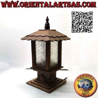 Lampada da tavolo capanna quadrata in stile "japan" in legno di teak e vetro arabesco