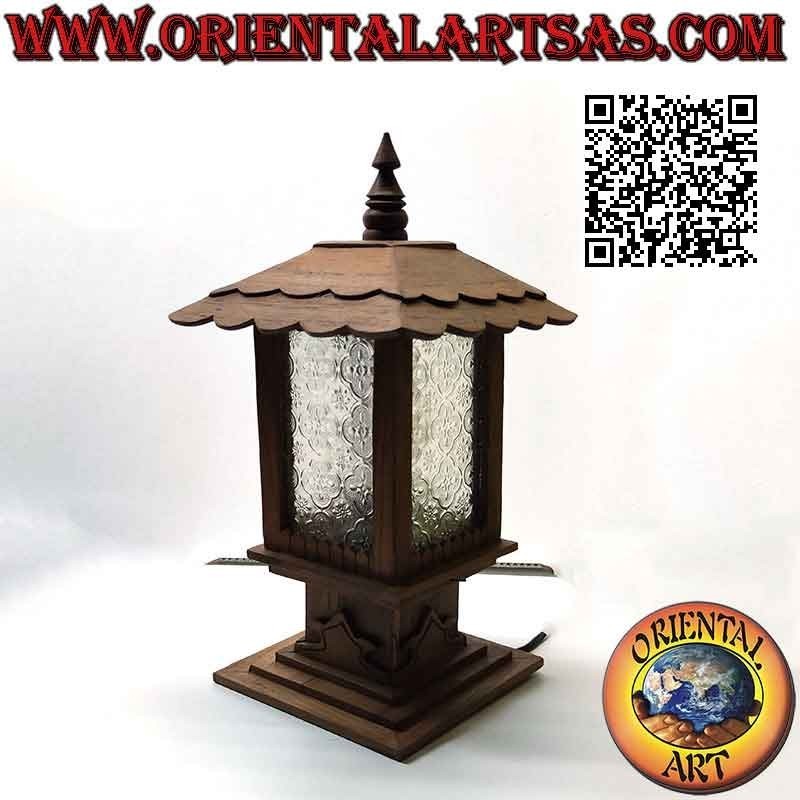 Lámpara de mesa cabaña cuadrada estilo japonés en madera de teca y cristal arabesco