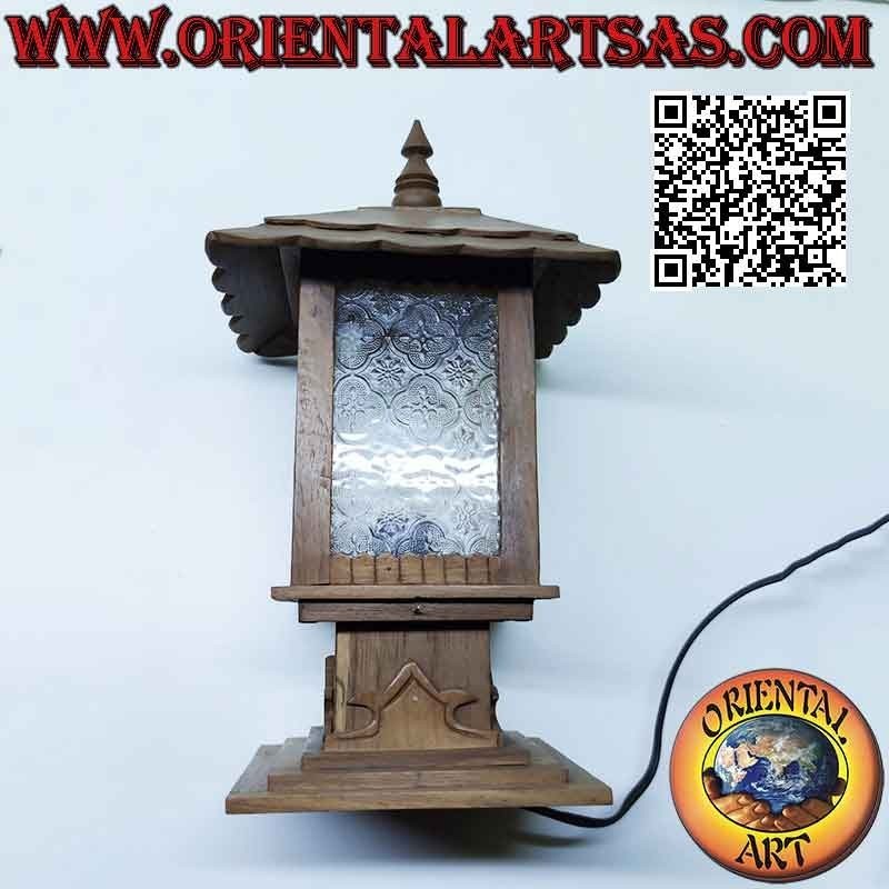 Japan style square hut table lamp in teak wood and arabesque glass