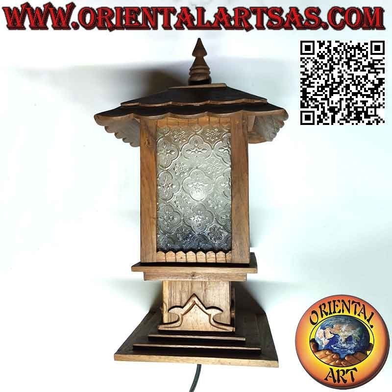 Japan style square hut table lamp in teak wood and arabesque glass