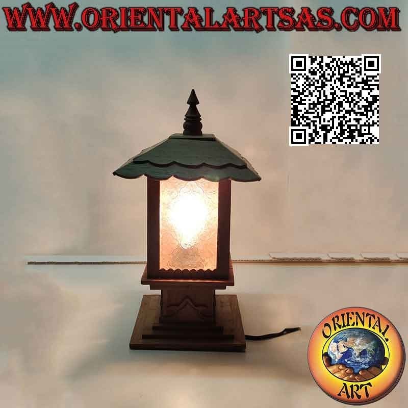 Lámpara de mesa cabaña cuadrada estilo japonés en madera de teca y cristal arabesco