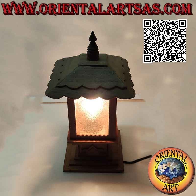 Lámpara de mesa cabaña cuadrada estilo japonés en madera de teca y cristal arabesco