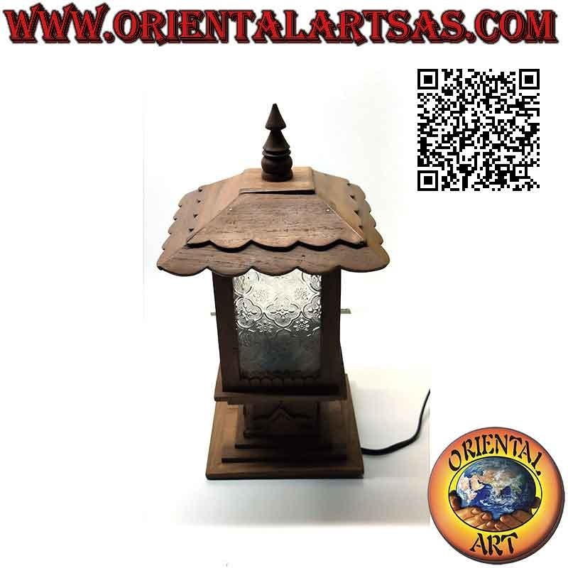 Lampe de table hutte carrée de style japonisant en bois de teck et verre arabesque