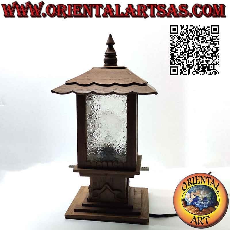 Lámpara de mesa cabaña cuadrada estilo japonés en madera de teca y cristal arabesco