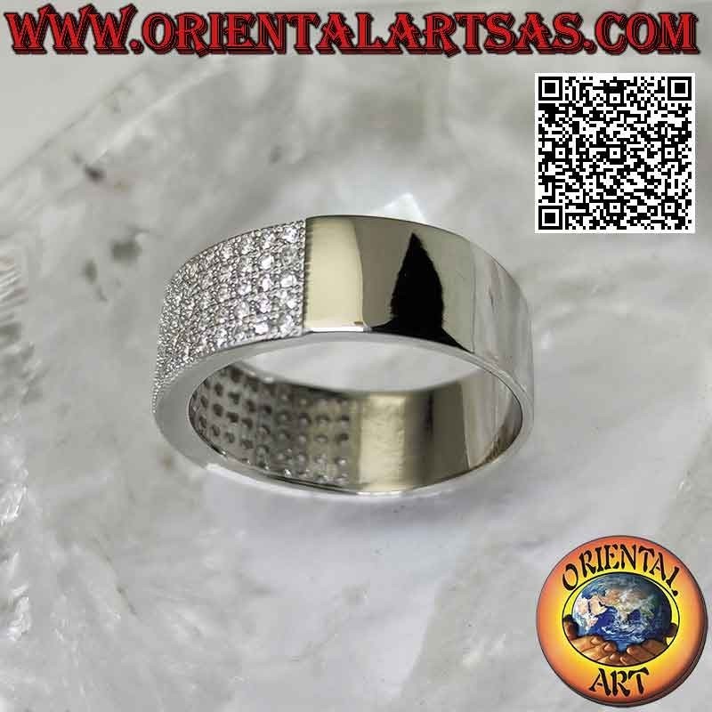 Silver ring with flat band half-studded with white zircons (8 mm)