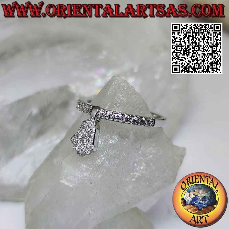 Anillo de plata con colgante "mano de fatima" tachonado de circonitas blancas