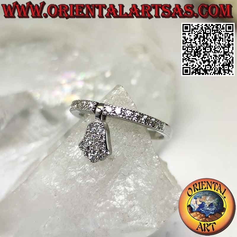 Anillo de plata con colgante "mano de fatima" tachonado de circonitas blancas
