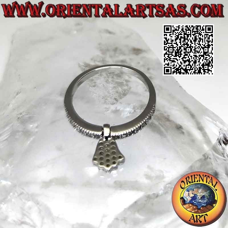 Silver ring with "hand of fatima" pendant studded with white zircons