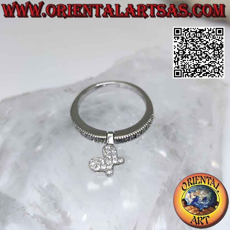 Silver ring with "butterfly" pendant studded with white cubic zirconia