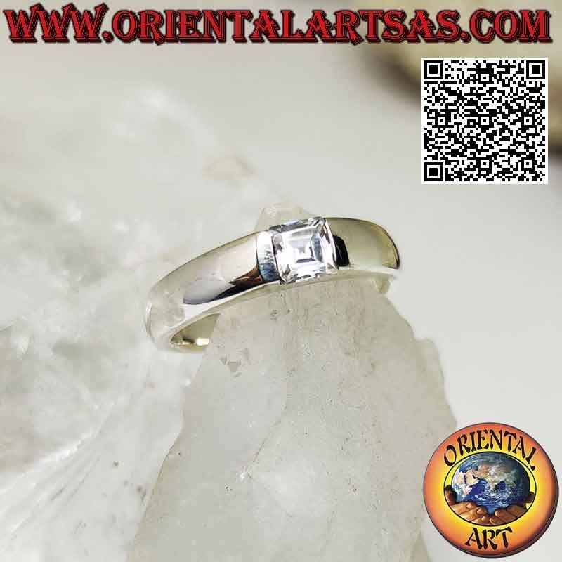 Smooth solitaire silver ring with white square zircon set in the junction of the band