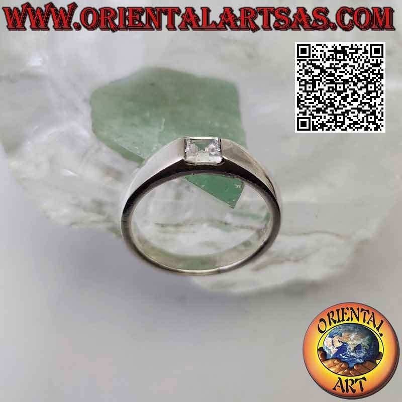 Smooth solitaire silver ring with white square zircon set in the junction of the band