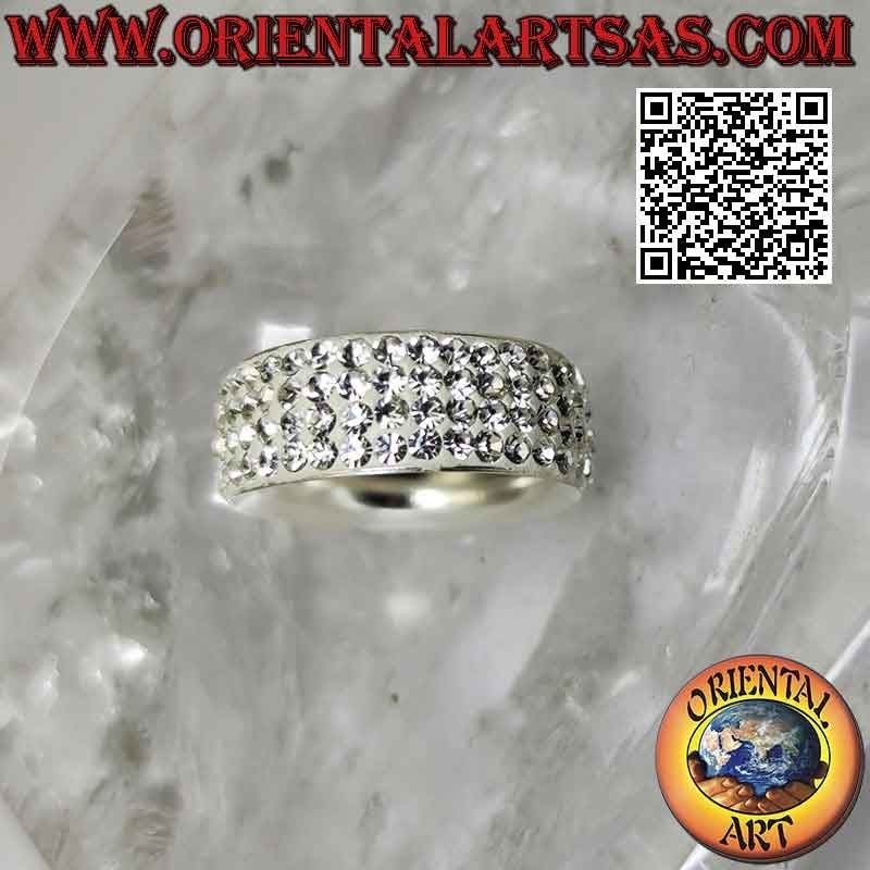 Anello in argento a fascia bombata tempestata di zirconi bianchi incollati (8 mm)