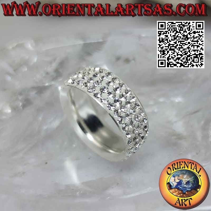 Silver ring with rounded band studded with glued white zircons (8 mm)