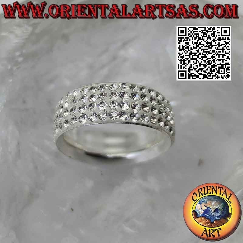 Silver ring with rounded band studded with glued white zircons (8 mm)