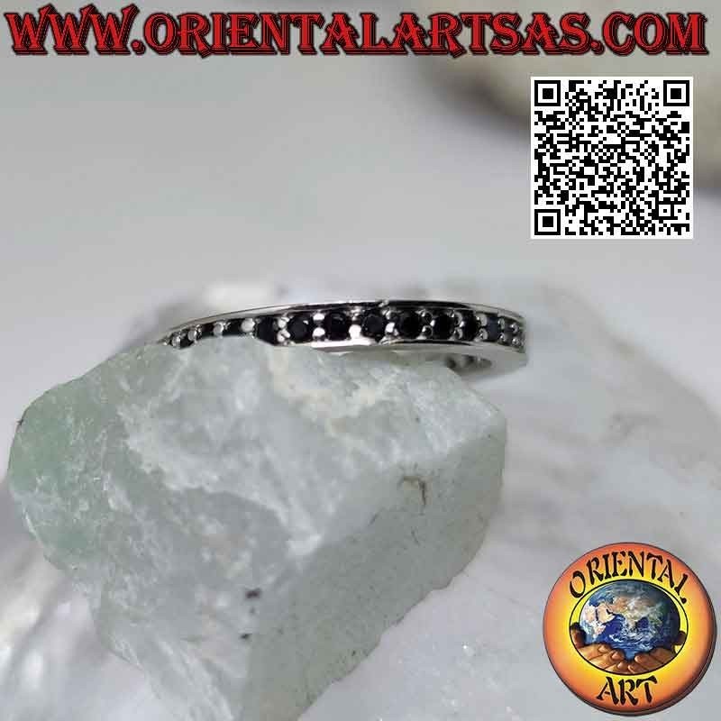 Silver ring with thin band studded with black zircons (2 mm)