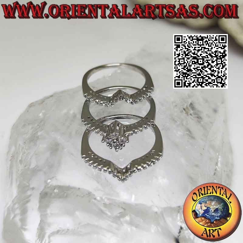Silver ring, trio of verette studded half with white zircons set with a central rhombus