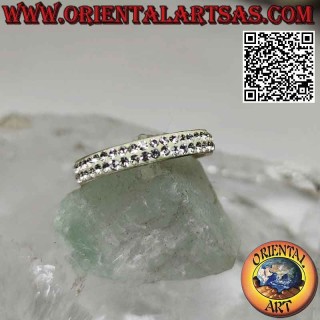 Silver band ring studded with two rows of glued white zircons (3 mm)