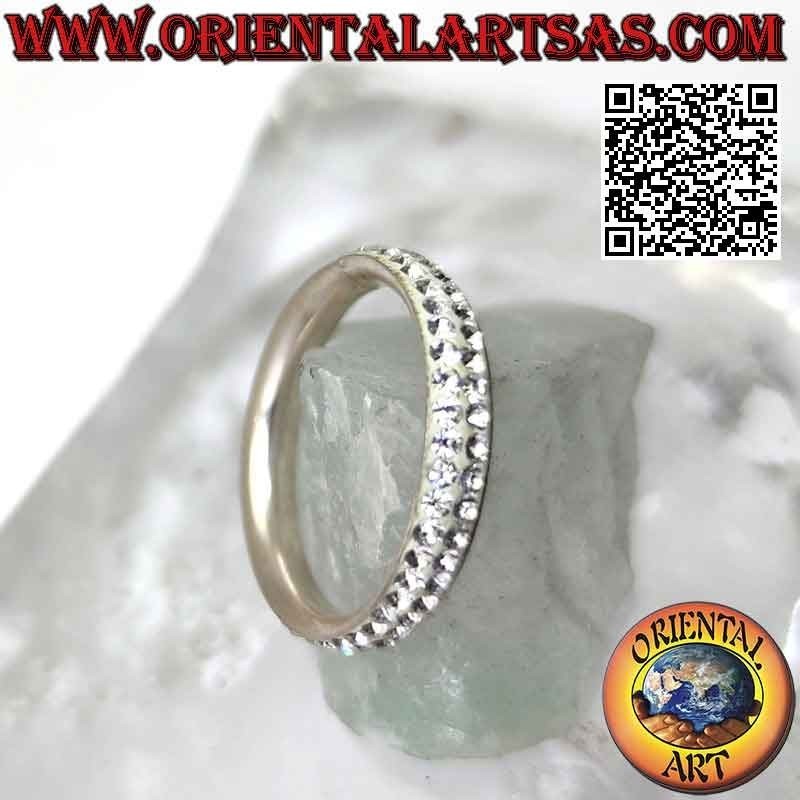 Silver band ring studded with two rows of glued white zircons (3 mm)