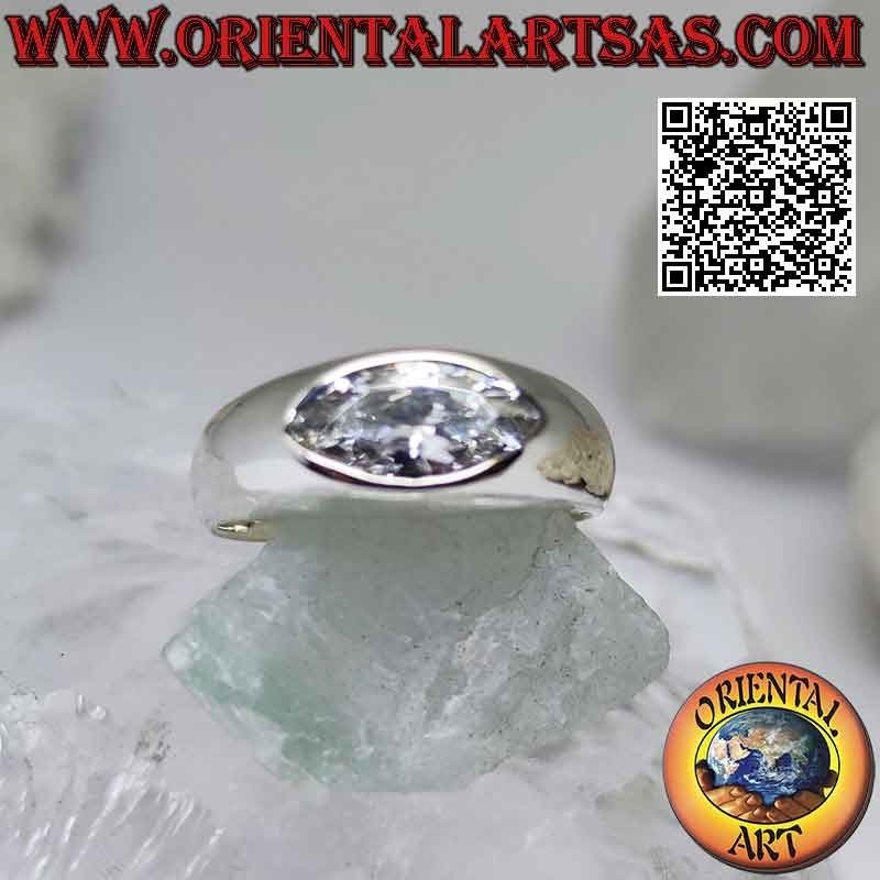 Silver ring with smooth growing band with white central horizontal shuttle zircon