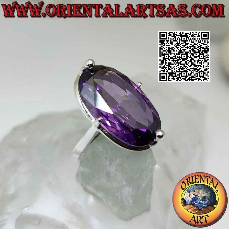 Bague en argent avec gros zircon améthyste serti ovale sur un sertissage simple