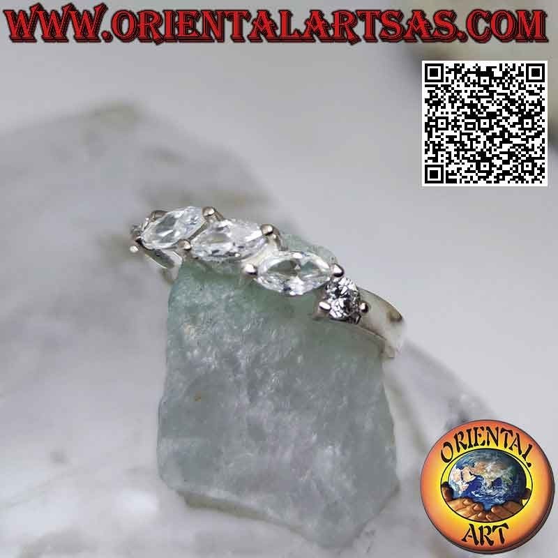 Tris silver ring of white shuttle zircons set obliquely between two round zircons