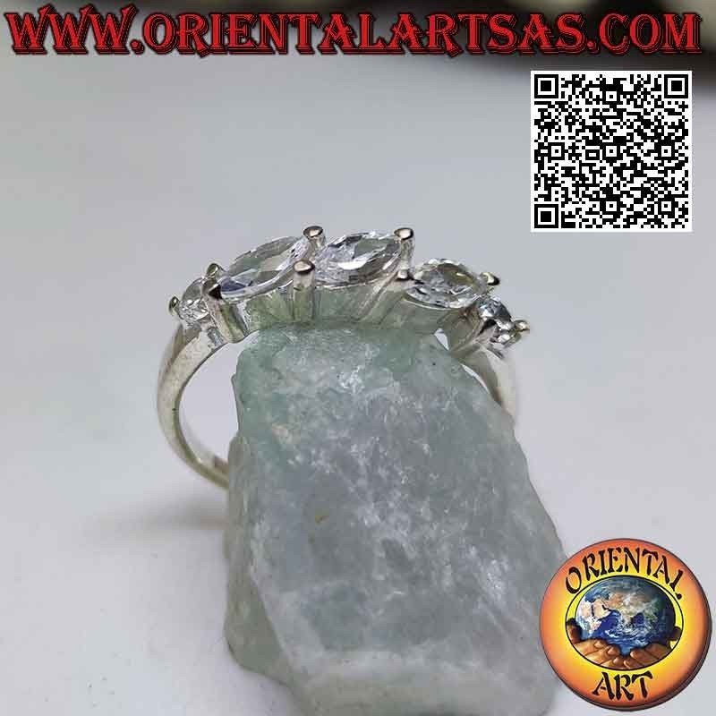 Tris silver ring of white shuttle zircons set obliquely between two round zircons