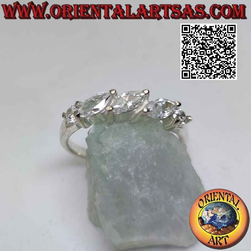 Tris silver ring of white shuttle zircons set obliquely between two round zircons