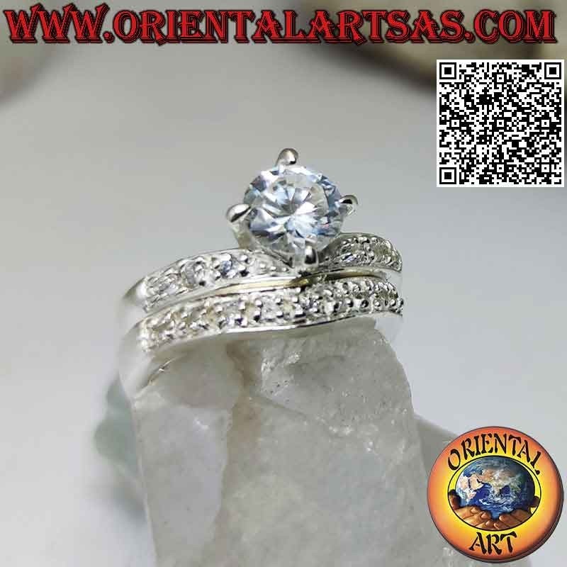 Silver ring, pair of rings studded half with white zircons set with a central round