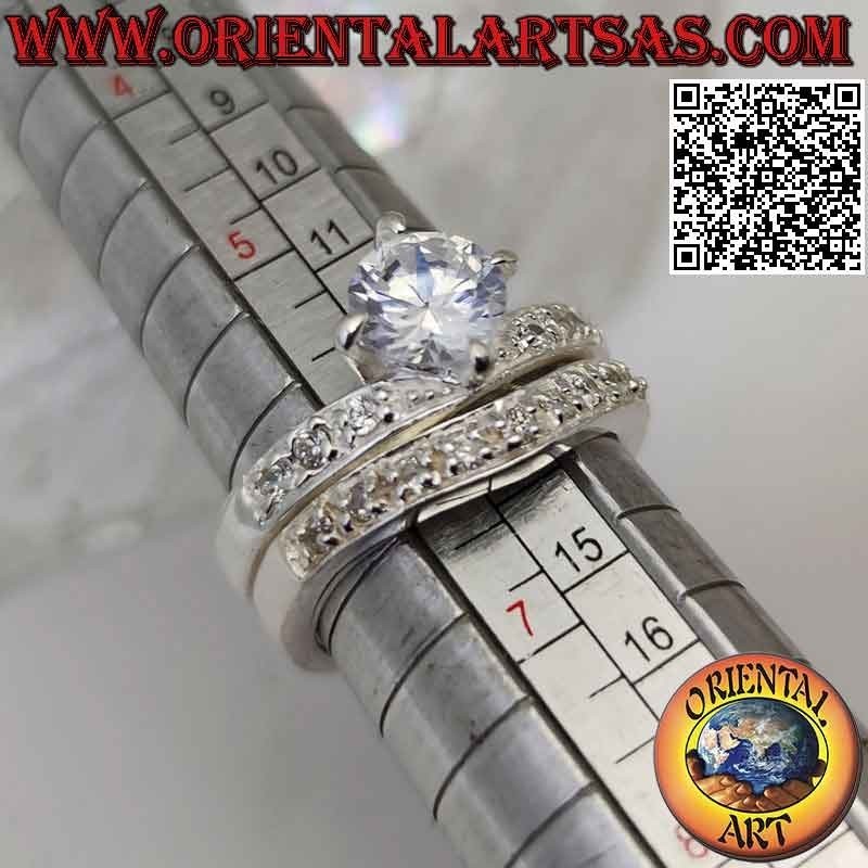 Silver ring, pair of rings studded half with white zircons set with a central round