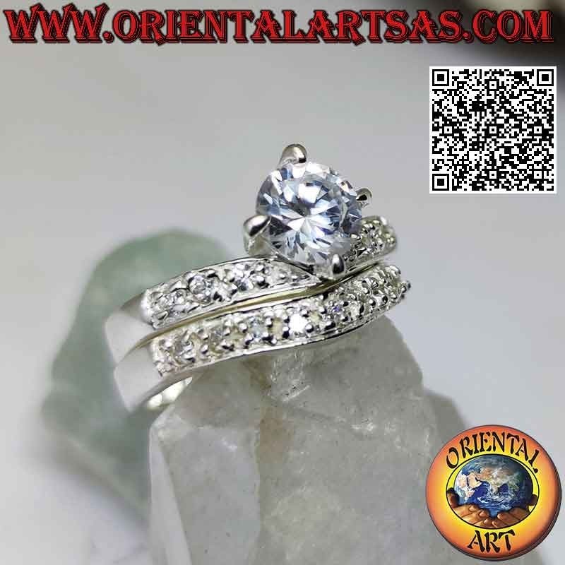 Silver ring, pair of rings studded half with white zircons set with a central round