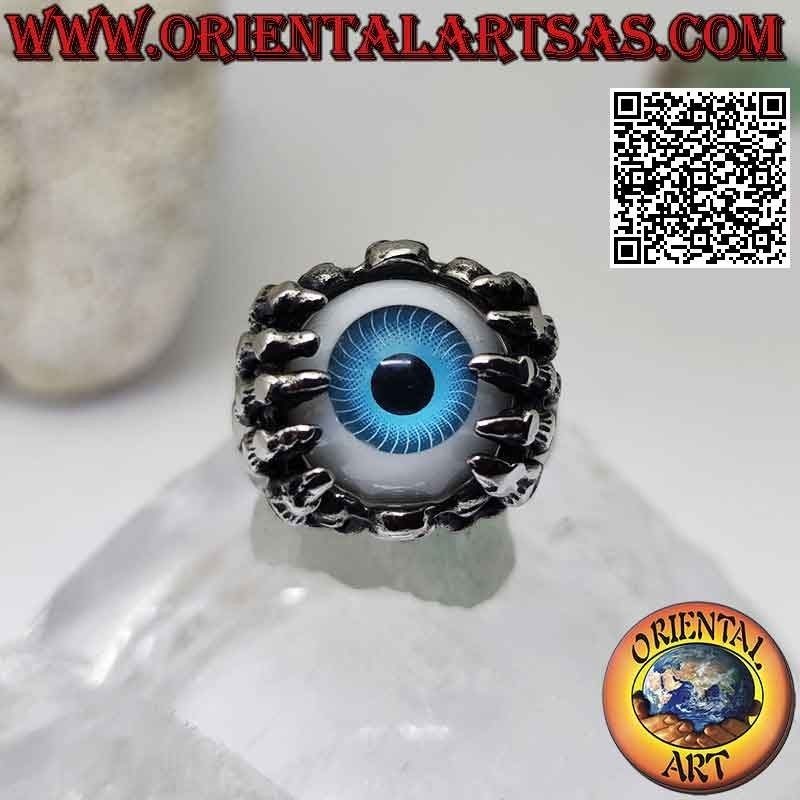 Anello in acciaio chirurgico (316L),  occhio azzurro afferrato da mani scheletriche