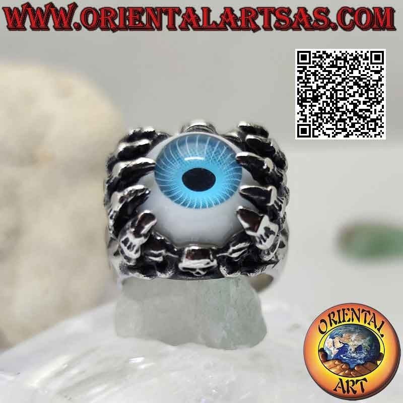 Anillo de acero quirúrgico (316L), ojo azul agarrado por manos esqueléticas