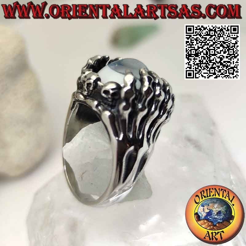 Surgical steel ring (316L), blue eye gripped by skeletal hands