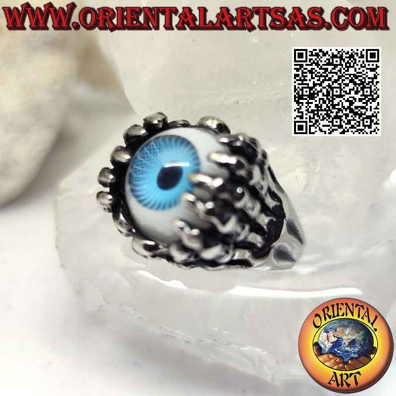 Chirurgenstahlring (316L), blaues Auge, das von Skeletthänden gegriffen wird