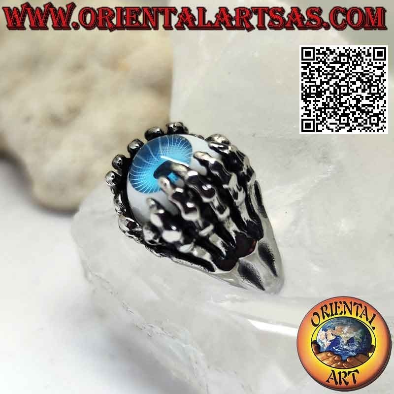 Surgical steel ring (316L), blue eye gripped by skeletal hands