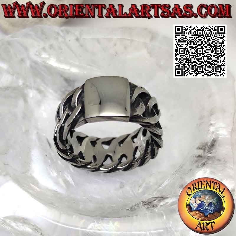 Surgical steel ring (316L), wide band with intertwined rings chain