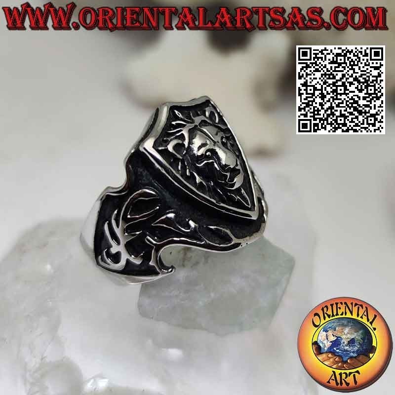 Anillo de acero quirúrgico (316L), emblema con león y espada en bajorrelieve a los lados
