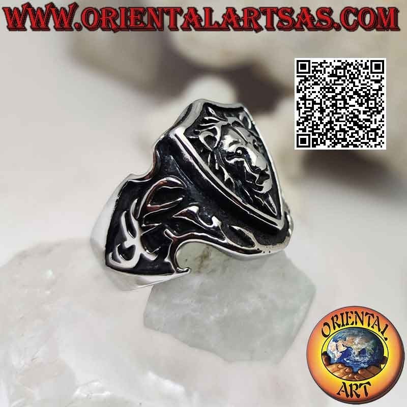 Surgical steel ring (316L), emblem with bas-relief lion and sword on the sides