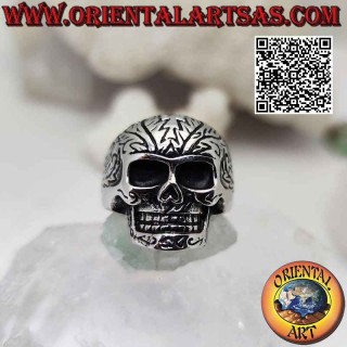 Surgical steel ring (316L), skull with engraved tribal decorations