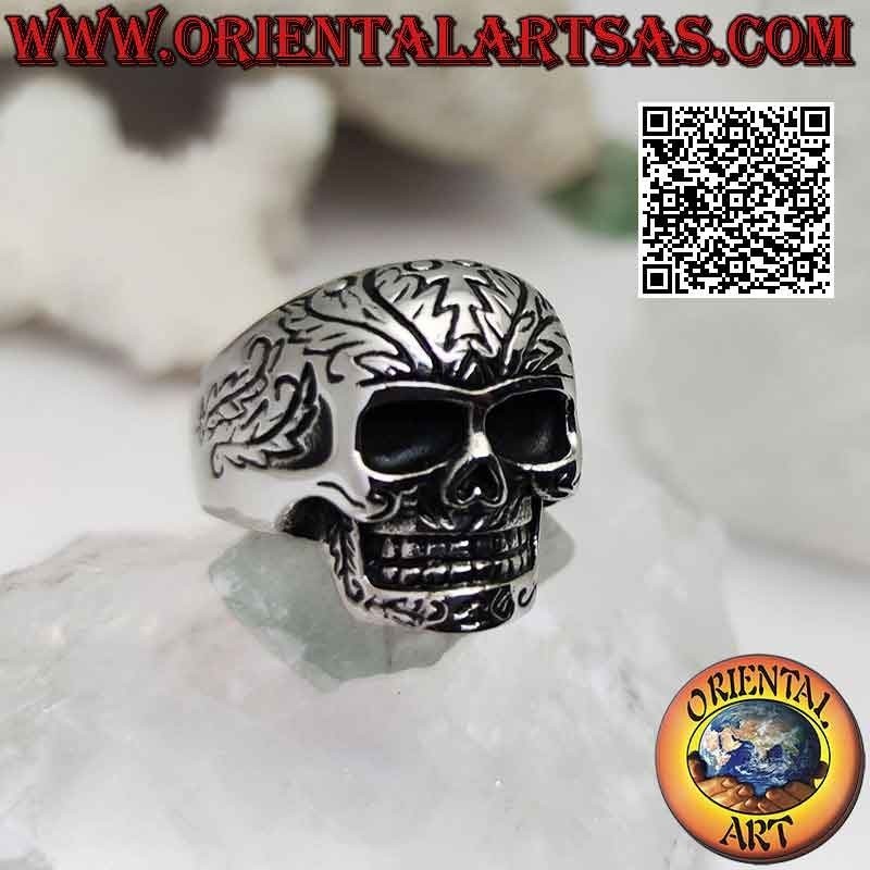 Surgical steel ring (316L), skull with engraved tribal decorations