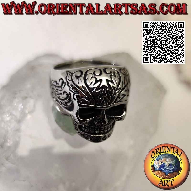 Surgical steel ring (316L), skull with engraved tribal decorations