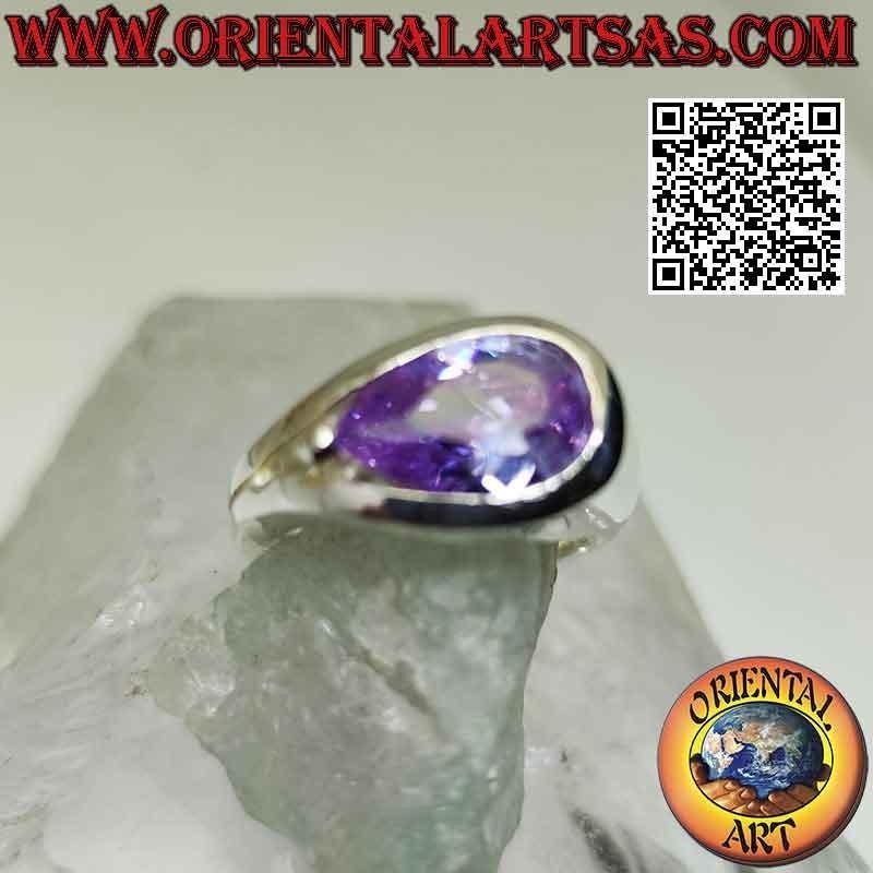 Bague en argent rhodié avec zircon goutte croix rose sur serti lisse